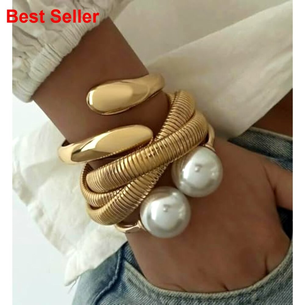 Chunky Gold Bangle Bracelets, Stackable Chain Set… - image 5